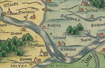 Kasteel te koop 84375 Kirchdorf am Inn, Hofmarkstraße 2, Bayern, Älterste bayrische Landkarte 16.Jh. mit Miniaturansicht des Schlosses